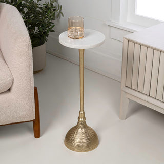 Ava 23.75" Art Deco Contemporary Metal Pedestal Drink Table and Decorative End Table with White Marble Round Top and Hammered Base