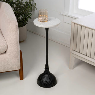 Ava 23.75" Art Deco Contemporary Metal Pedestal Drink Table and Decorative End Table with White Marble Round Top and Hammered Base