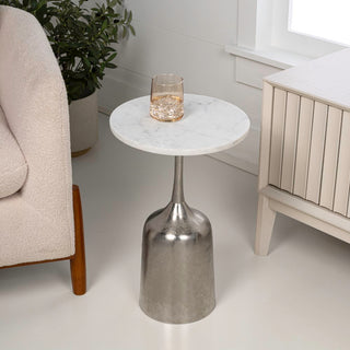 Pip 20.25" Classic Designer Metal Drink Table and Decorative End Table with White Marble Round Top and Bell Pedestal Base
