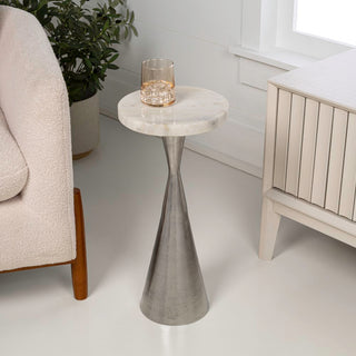 Ziggy 22" Contemporary Designer Metal Drink Table and Decorative End Table with White Marble Round Top and Cone Pedestal Base
