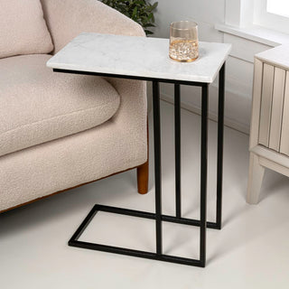 Caius 24.25" Designer Industrial Metal C-Shaped End Table and Side Couch Table with White Marble Top