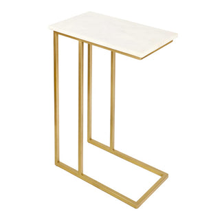 Caius 24.25" Designer Industrial Metal C-Shaped End Table and Side Couch Table with White Marble Top