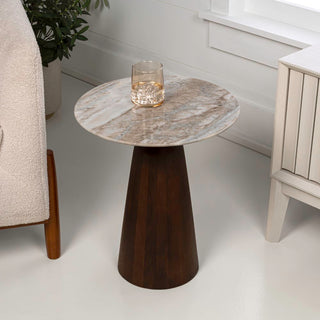 Kaito 18" Rustic Minimalist Round Marble/Wood Accent Table