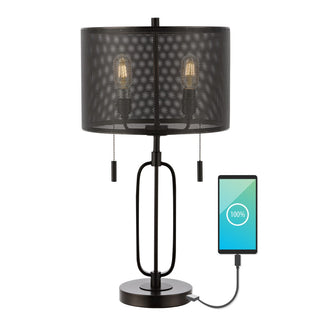 Hank 27" Industrial Farmhouse Iron LED Table Lamp with USB Charging Port - JONATHAN Y