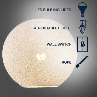 Lacey Bohemian Minimalist Iron/Rope Woven Globe LED Pendant - JONATHAN Y