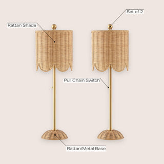 Celerie 27.5" Coastal Bohemian Rattan/Iron Scalloped Buffet LED Table Lamps with Pull Chain (Set of 2) - JONATHAN Y