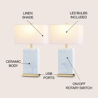 Chloe 24.5" Modern Coastal Iron/Marbled Ceramic LED Table Lamp with USB Charging Port - JONATHAN Y
