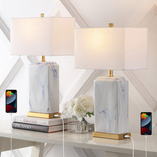 Chloe 24.5" Modern Coastal Iron/Marbled Ceramic LED Table Lamp with USB Charging Port - JONATHAN Y