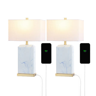 Chloe 24.5" Modern Coastal Iron/Marbled Ceramic LED Table Lamp with USB Charging Port - JONATHAN Y
