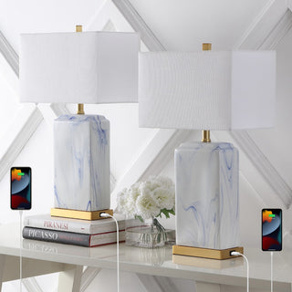 Chloe 24.5" Modern Coastal Iron/Marbled Ceramic LED Table Lamp with USB Charging Port - JONATHAN Y