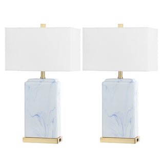 Chloe 24.5" Modern Coastal Iron/Marbled Ceramic LED Table Lamp with USB Charging Port - JONATHAN Y
