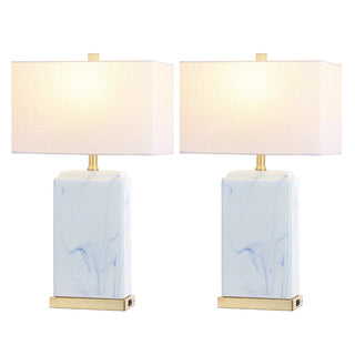 Chloe 24.5" Modern Coastal Iron/Marbled Ceramic LED Table Lamp with USB Charging Port - JONATHAN Y
