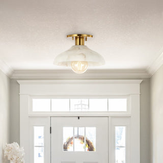 Amara 10" 1-Light Mid-Century Classic Alabaster/Iron LED Semi Flush Mount - JONATHAN Y