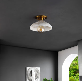 Amara 10" 1-Light Mid-Century Classic Alabaster/Iron LED Semi Flush Mount - JONATHAN Y