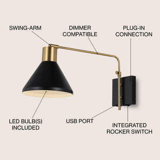 Max 20.5" Swing Arm Modern Midcentury Iron USB Charging Port LED Sconce