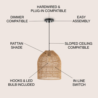 Koda 13" Farmhouse Coastal Bohemian Rattan 180" Cord Plug-In or Hardwired LED Pendant - JONATHAN Y