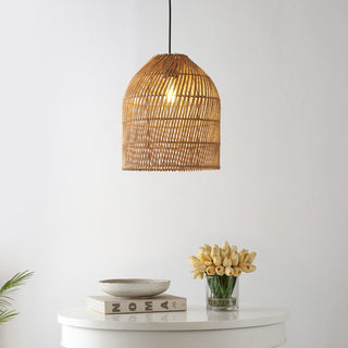 Koda 13" Farmhouse Coastal Bohemian Rattan 180" Cord Plug-In or Hardwired LED Pendant - JONATHAN Y