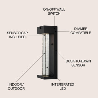 Miranda 5.13" Modern Industrial Iron/Glass Seeded Glass with Dusk-to-Dawn Sensor Integrated LED Outdoor Sconce - JONATHAN Y