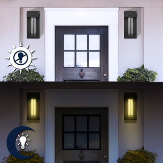 Horizone 5.5" Minimalist Industrial Iron/Glass Seeded Glass with Dusk-to-Dawn Sensor Integrated LED Outdoor Sconce - JONATHAN Y