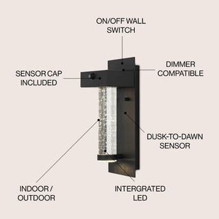 Horizone 5.5" Minimalist Industrial Iron/Glass Seeded Glass with Dusk-to-Dawn Sensor Integrated LED Outdoor Sconce - JONATHAN Y