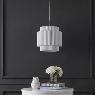 Boden 14.5" 1-Light Vintage Mid-Century Iron LED Pendant with Pleated Shade - JONATHAN Y