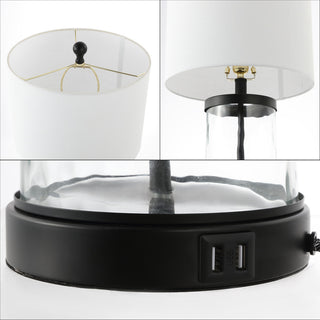Alexander 21" Modern Designer Iron/Water Glass LED Table Lamp with USB Charging Port - JONATHAN Y