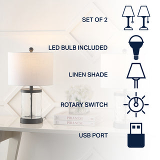 Alexander 21" Modern Designer Iron/Water Glass LED Table Lamp with USB Charging Port - JONATHAN Y