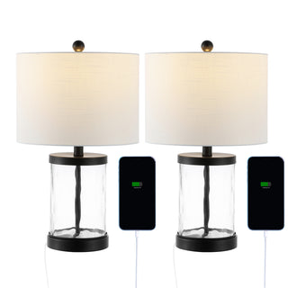 Alexander 21" Modern Designer Iron/Water Glass LED Table Lamp with USB Charging Port - JONATHAN Y