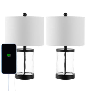 Alexander 21" Modern Designer Iron/Water Glass LED Table Lamp with USB Charging Port - JONATHAN Y
