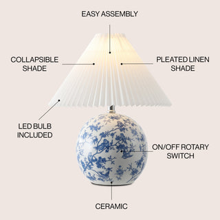 Shishen 19.5" Cottage Classic Chinoiserie Ceramic Orb LED Table Lamp with Pleated Shade - JONATHAN Y