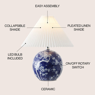 Shishen 19.5" Cottage Classic Chinoiserie Ceramic Orb LED Table Lamp with Pleated Shade - JONATHAN Y