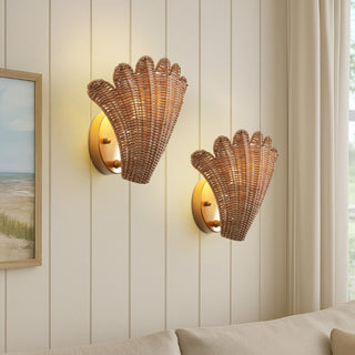Elodie 11.5" Vintage Coastal 1-Light Rattan Scallop Shell LED Wall Sconce