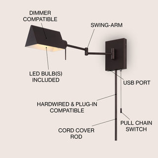 Arlo Farmhouse Industrial Single Swing Arm Plug-In or Hardwired Iron LED Wall Sconce with Pull-Chain