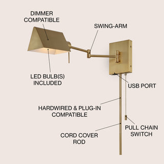 Arlo Farmhouse Industrial Single Swing Arm Plug-In or Hardwired Iron LED Wall Sconce with Pull-Chain
