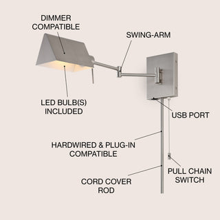 Arlo Farmhouse Industrial Single Swing Arm Plug-In or Hardwired Iron LED Wall Sconce with Pull-Chain