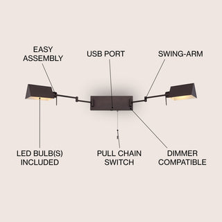 Arlo Farmhouse Industrial Single Swing Arm Plug-In or Hardwired Iron LED Wall Sconce with Pull-Chain