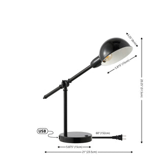 Curtis 20.25" Vintage Industrial Iron Adjustable Dome Shade LED Task Lamp with USB Charging Port - JONATHAN Y