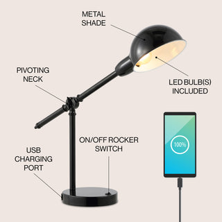 Curtis 20.25" Vintage Industrial Iron Adjustable Dome Shade LED Task Lamp with USB Charging Port - JONATHAN Y