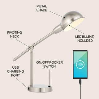 Curtis 20.25" Vintage Industrial Iron Adjustable Dome Shade LED Task Lamp with USB Charging Port - JONATHAN Y