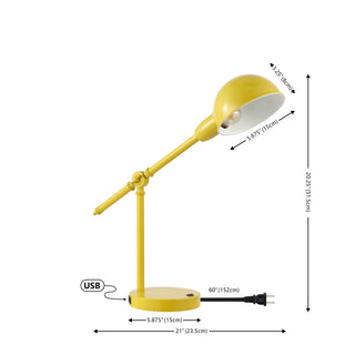Curtis 20.25" Vintage Industrial Iron Adjustable Dome Shade LED Task Lamp with USB Charging Port - JONATHAN Y