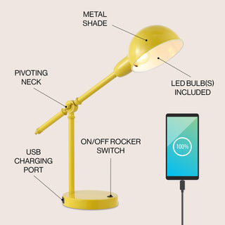 Curtis 20.25" Vintage Industrial Iron Adjustable Dome Shade LED Task Lamp with USB Charging Port