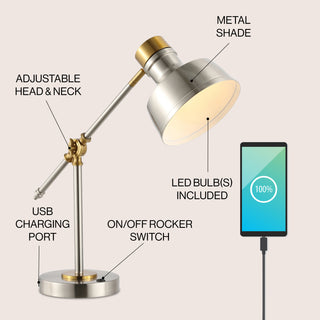 Allegra 18.5" Classic Farmhouse Adjustable Cantilever LED Task Lamp with USB Charging Port