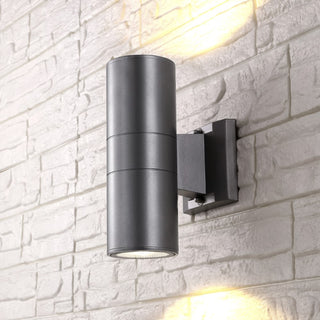 Duo 6" Modern Midcentury Cylinder Outdoor Metal/Glass Integrated LED Wall Sconce with Uplight - JONATHAN Y