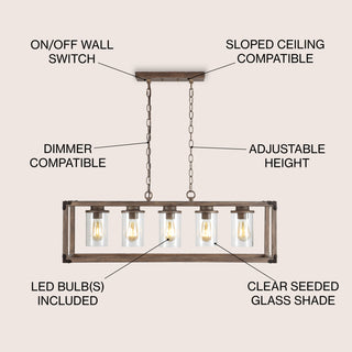 Zeniba  36" Linear Adjustable Iron/Seeded Glass Rustic Farmhouse LED Pendant - JONATHAN Y