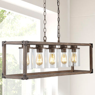 Zeniba  36" Linear Adjustable Iron/Seeded Glass Rustic Farmhouse LED Pendant - JONATHAN Y