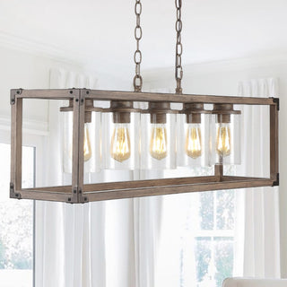 Zeniba  36" Linear Adjustable Iron/Seeded Glass Rustic Farmhouse LED Pendant - JONATHAN Y
