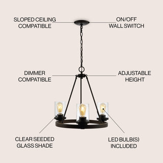 Coronet 20" 3-Light Iron/Seeded Glass Rustic Farmhouse LED Chandelier - JONATHAN Y
