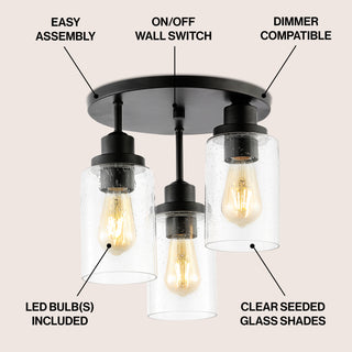 Jonah 12" Bohemian Farmhouse Iron/Seeded Glass LED Semi Flush Mount - JONATHAN Y