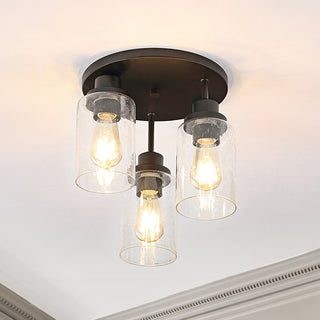 Jonah 12" Bohemian Farmhouse Iron/Seeded Glass LED Semi Flush Mount - JONATHAN Y
