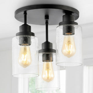 Jonah 12" Bohemian Farmhouse Iron/Seeded Glass LED Semi Flush Mount - JONATHAN Y